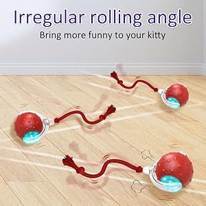 Red interactive cat toy ball with a clear outer shell, glowing blue light, and a red rope, shown with a kitten. - Image 9
