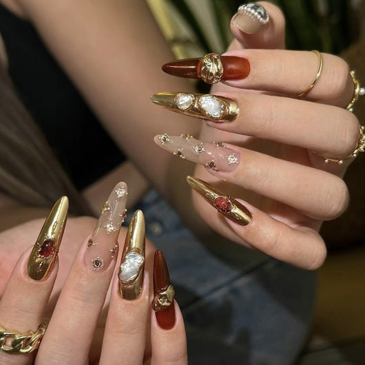 Uñas Postizas Barrocas con Gemas - Diseño Avanzado