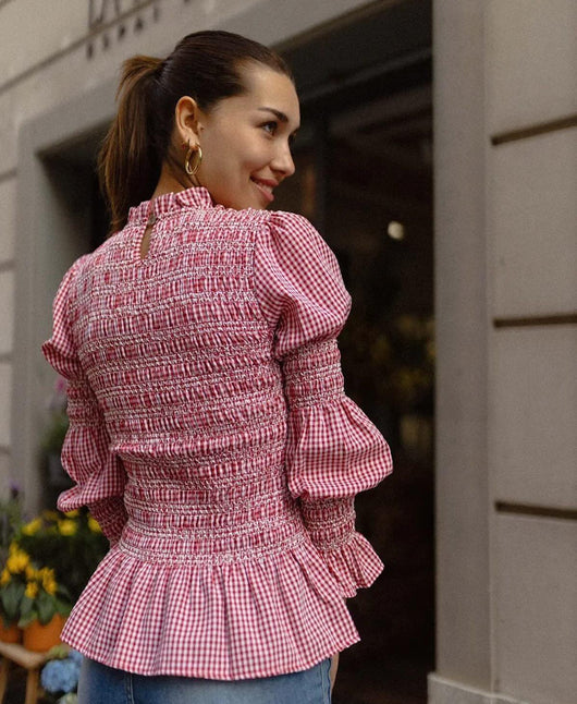Blusa Ajustada con Pliegues y Estampado Cuadros para Mujer - Image 17