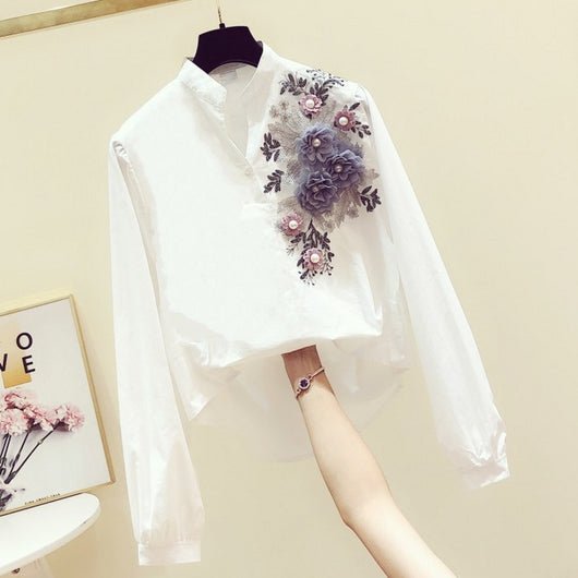 Blusa Casual de Cuello en V y Manga Larga para Mujer - Blanco Versátil - Image 9