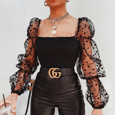 Blusa Elegante de Malla con Mangas Abullonadas y Hombros Descubiertos - Image 14