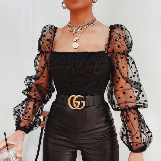 Blusa Elegante de Malla con Mangas Abullonadas y Hombros Descubiertos - Image 14