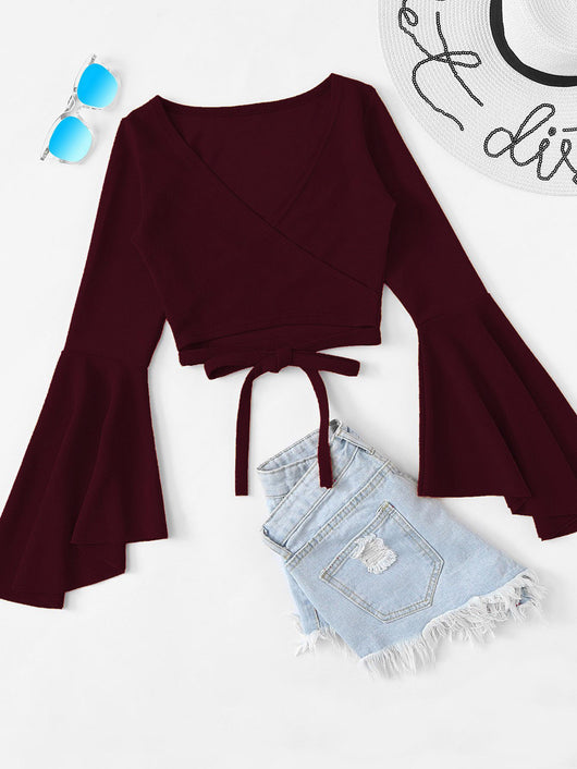 Blusa Crop Top Manga Murciélago Rojo Oscuro para Otoño e Invierno - Image 10