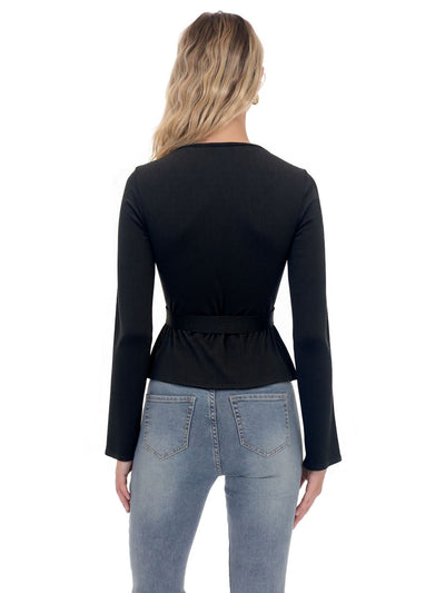 Suéter Tejido Negro Cuello V Manga Larga con Cintura Ajustada Diseño Francés - Image 8
