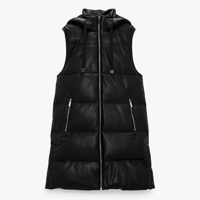 Chaleco Acolchado Negro con Capucha - Diseño Moderno en Cuero Sintético - Image 3