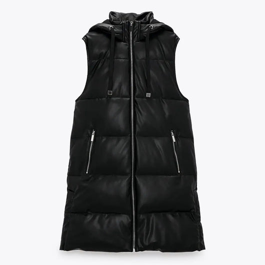 Chaleco Acolchado Negro con Capucha - Diseño Moderno en Cuero Sintético - Image 3