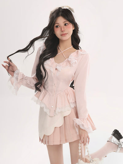 Blusa con Encaje Volantes y Falda Plisada Pétalos - Image 12