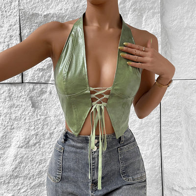 Top Halter Unicolor con Encaje y Ajuste Anudado para Mujer - Image 20