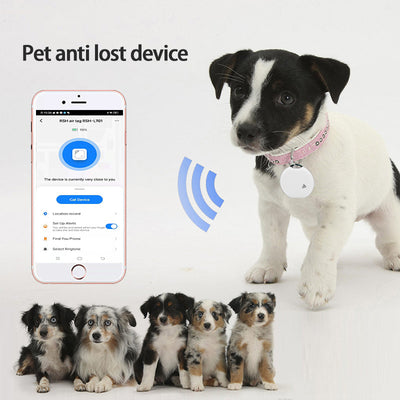 White rectangular Bluetooth pet tracker with rounded corners, a small dot, a line, and a circle on its face.