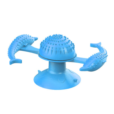 Blue pet toy for cats featuring a spinning windmill design with two dolphin-shaped arms and a suction cup base. - Image 4
