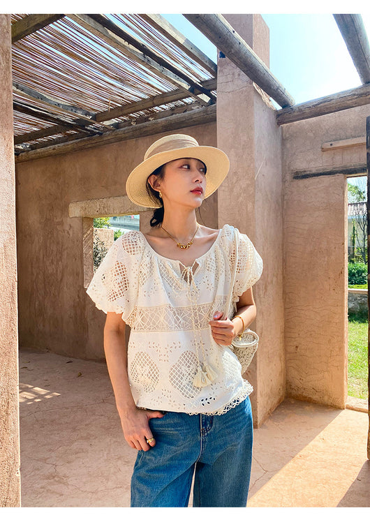 Blusa de Encaje Bordada Manga Corta - Diseño Exclusivo Francés Talla S - Image 21