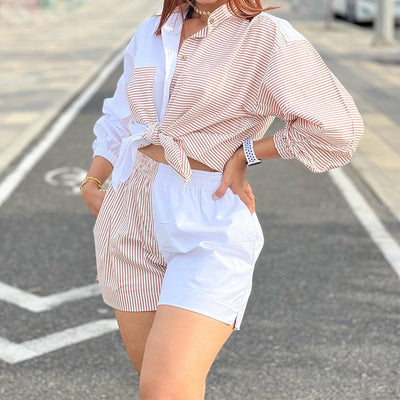 Conjunto de Blusa Rayada Suelta y Shorts Palazzo para Mujer - Image 2
