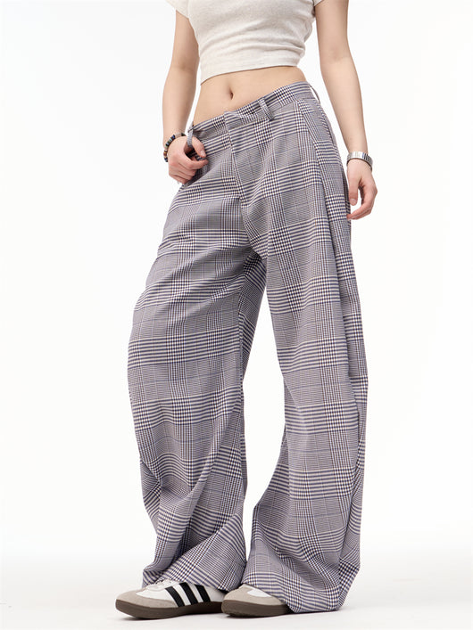 Pantalones Anchos Patchwork Retro Americano a Cuadros para Mujer - Image 10