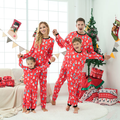 Family of four wearing matching green Christmas pajamas with snowman and Christmas tree print, red trim. - Image 3