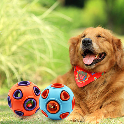 Blue and orange rubber pet toy ball with multiple circular cutouts, designed for interactive play and chewing. - Image 7