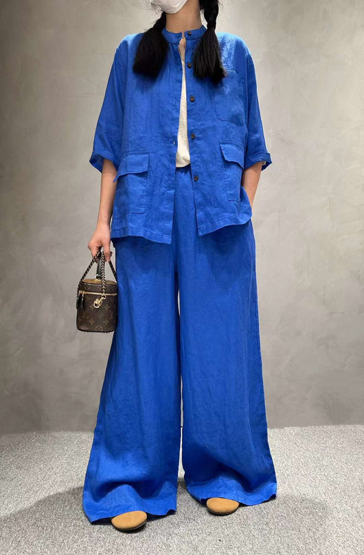 Conjunto de Lino Casual: Camisa Manga Corta y Pantalón de Color Liso - Image 9