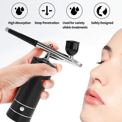 Black and silver oxygen injection beauty instrument with nano spray gun and two clear liquid bottles, spraying colorful mist. - Image 14