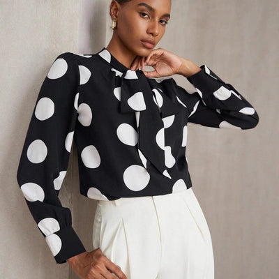 Blusa Retro de Lunares con Manga Larga Versátil