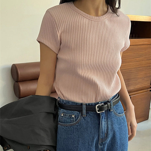 Blusa Básica de Verano para Mujer con Cuello Redondo y Textura