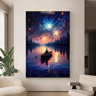 Cuadro de Arte Óleo Pintado a Mano - Lago Nocturno Bajo Cielo Estrellado - Image 5