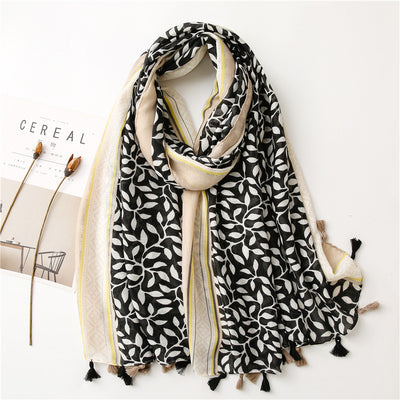 Chal Foulard de Algodón y Lino con Estampado de Hojas de Uva y Borlas