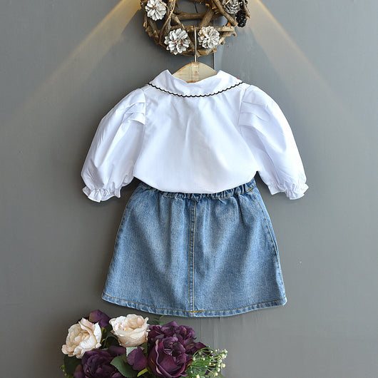 Conjunto Infantil Blusa con Cuello Bordado y Falda Denim - Image 5