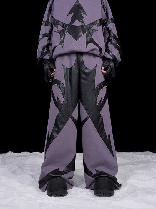 Pantalones Deportivos de Cuero Patchwork para Hombre - Corte Recto Oversize con Logo - Image 7