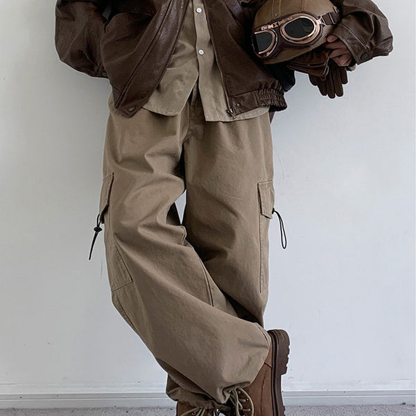 Pantalones de Trabajo Retro Cintura Alta Pierna Ancha Estilo Otoño