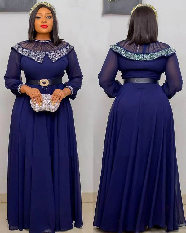 Vestido Africano Largo con Paneles de Chifón y Cinturón