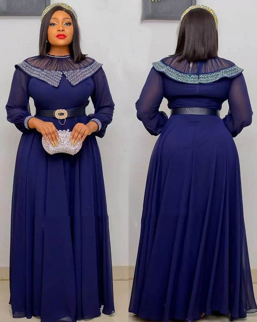 Vestido Africano Largo con Paneles de Chifón y Cinturón