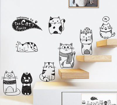 Cartoon cat wall sticker featuring multiple playful cats, one reaching for a fish, with "I LOVE FISH" text. - Image 31