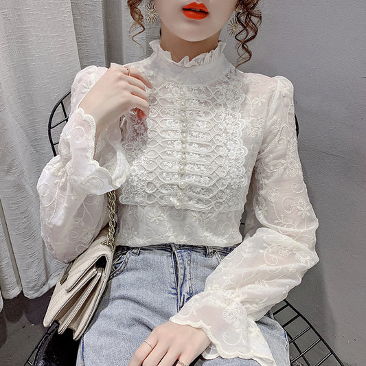 Blusa de Encaje con Cuello Semialto y Mangas Farol
