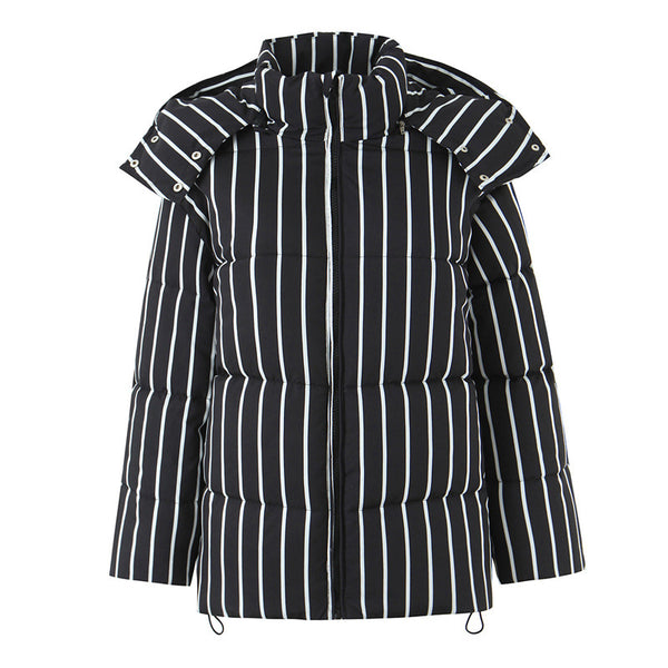 Abrigo de Algodón Negro con Rayas y Capucha para Mujer - Image 6