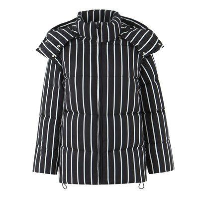 Abrigo de Algodón Negro con Rayas y Capucha para Mujer - Image 6