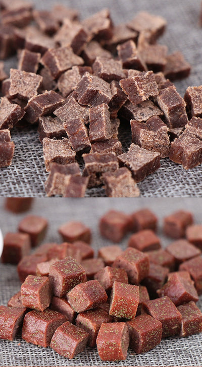 Three varieties of dog treats: dried beef cubes, seaweed beef dices, and chicken cubes, for training and rewards. - Image 15