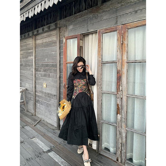Vestido Camisero Retro Elegante Estilo Hepburn Negro - Image 10