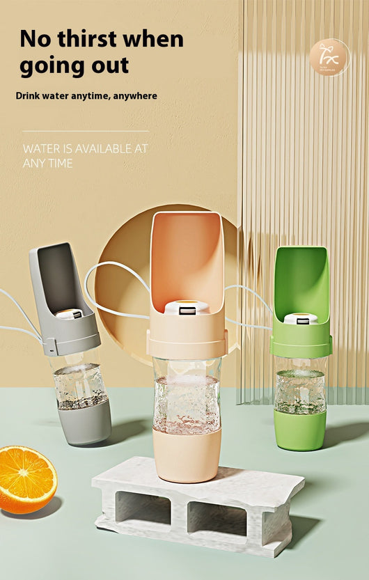 White 2-in-1 travel dog water bottle and food dispenser with a clear compartment and gray lanyard for pets. - Image 18