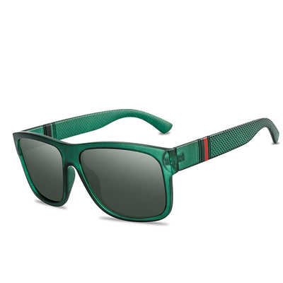 Men's grey plastic frame driving sunglasses with dark polarized lenses and red and black stripe detail on temples. - Image 30
