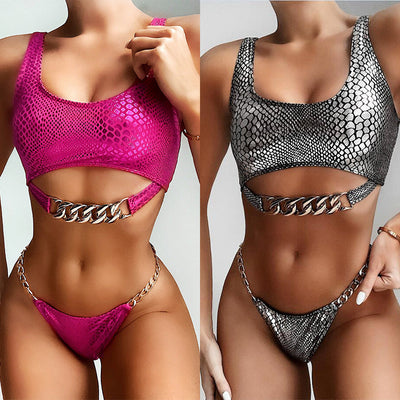 Hot pink snake pattern bikini with gold chain details on the top and bottom, modeled on a person. - Image 6