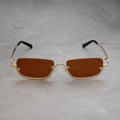 Gold frame semi-rimless sunglasses with brown rectangular lenses and black temple tips on a white background. - Image 16