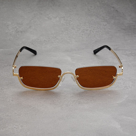 Gold frame semi-rimless sunglasses with brown rectangular lenses and black temple tips on a white background. - Image 16