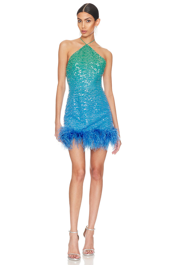 Vestido de Fiesta con Lentejuelas y Tirantes Plumados
