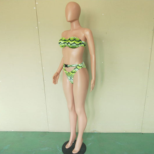 Woman in a purple and pink snakeskin print three-piece swimsuit with an off-shoulder crop top and high-waisted bottoms. - Image 17
