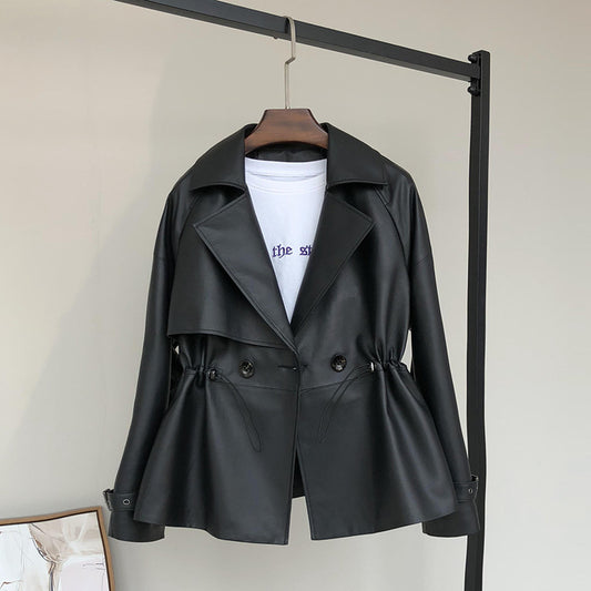 Chaqueta de Cuero para Motocicleta con Cuello de Solapa