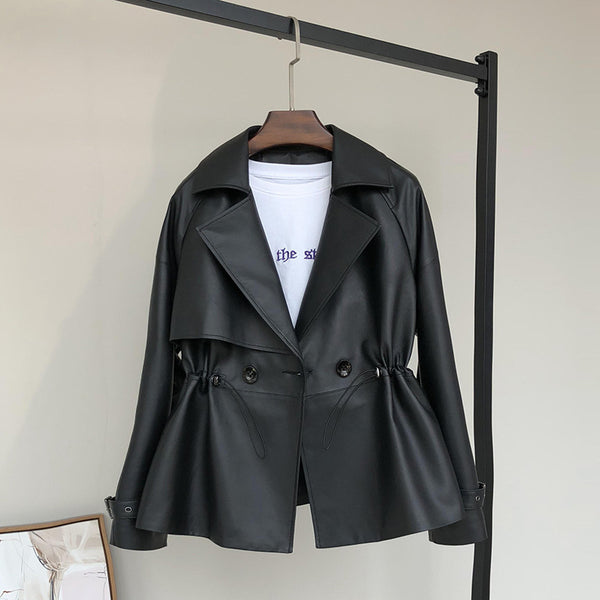 Chaqueta de Cuero para Motocicleta con Cuello de Solapa