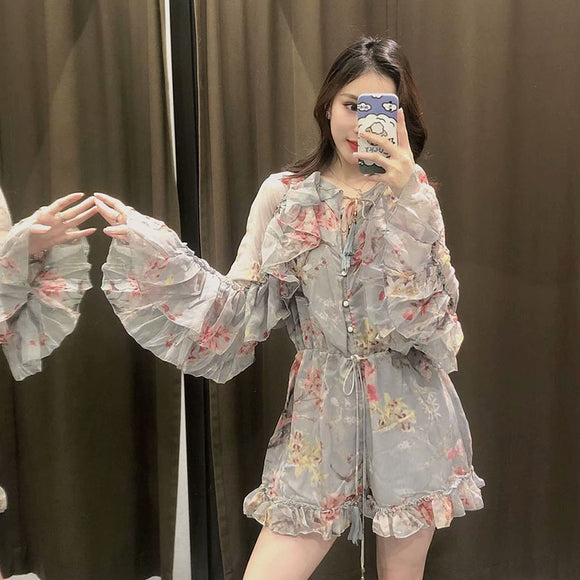 Jumpsuit Elegante de Encaje Floral con Manga Larga y Cintura Alta