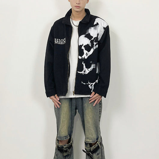 Chaqueta Denim Negra con Estampado de Calavera Bordada