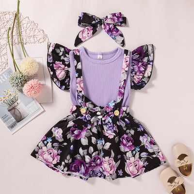 Conjunto de Falda para Niña con Camiseta Rayas y Tirantes Estampados