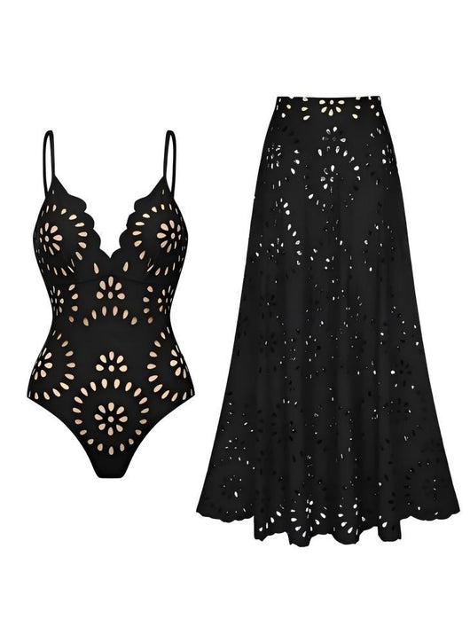 Navy blue women's one-piece swimsuit and matching midi skirt set with laser-cut floral patterns and scalloped edges. - Image 8