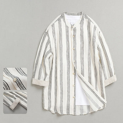 Camisa de Lino Suelta a Rayas con Cuello Tipo Stand - Manga 3/4 Casual Retro